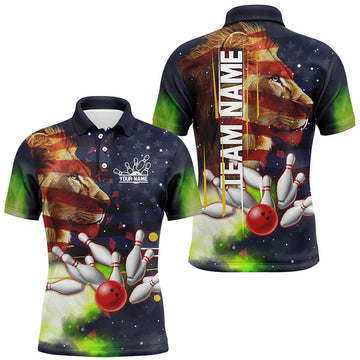 American Flag Lion Bowling Style Mens Polo Shirt S-5XL