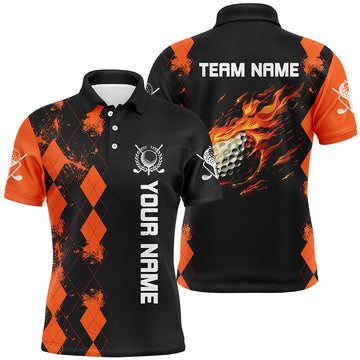 Custom Black Orange Argyle Flame Golf Ball Golf Tops Men's Polo Shirt S-5XL