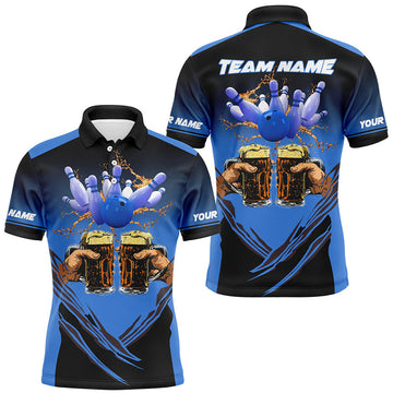 Black and Blue Bowling Beer Print Men's Polo Shirt S-5XL