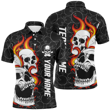 Black Camo Flame Skull Bowling Team League Mens Polo Shirt S-5XL