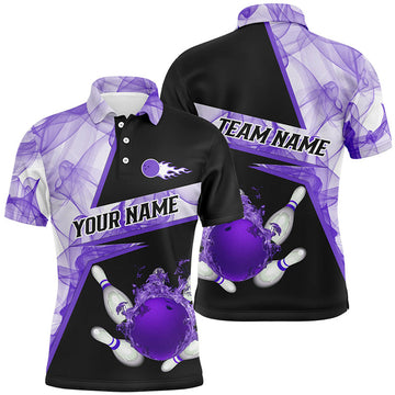 Custom Black Bowling Shirt with Purple Smoke Pattern Men's Polo Shirt S-5XL