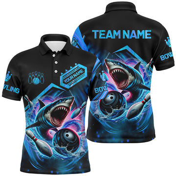 Personalized Black Blue Angry Shark Bowling Shirt for Men Polo Shirt S-5XL