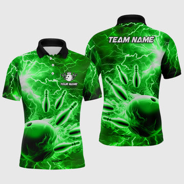 Custom Green Lightning Thunder Bowling Polo Shirt Mens Polo Shirt S-5XL