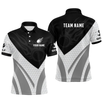 Custom Black and White Golf Shirt with Fire Print Men's Polo Shirt S-5XL