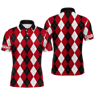 Custom Red Argyle Plaid Golf Attire Golfing Gifts Men's Polo Shirt S-5XL