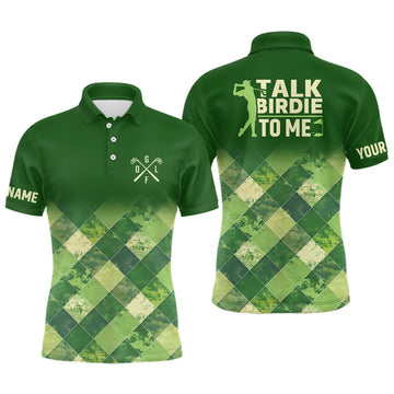 Custom Funny Green Argyle Golf Shirt Talk Birdie to Me Men's Polo Shirt S-5XL