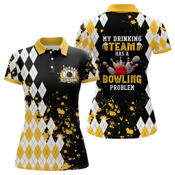 Custom Yellow Argyle Bowling Shirt My Drinking Team Problem Women's Polo Shirts S-5XL