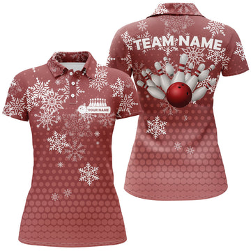 Custom Christmas Bowling Team Shirt Snowflake Ball Pins Women's Polo Shirts S-5XL