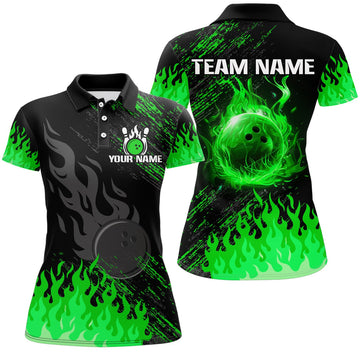 Custom Personalized Black and Green Flame Bowling for Women's Polo Shirts S-5XL
