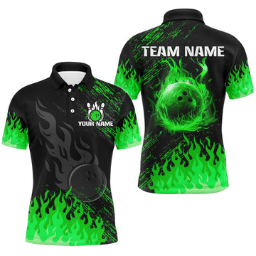 Personalized black and green Flame bowling Polo Shirt Size S-5XL