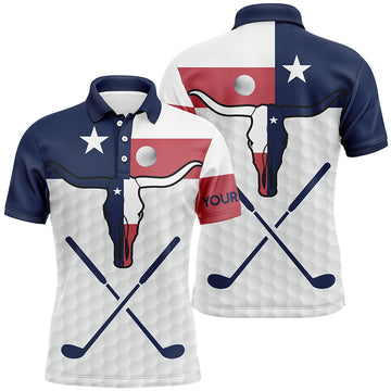 Golf Texas Longhorn Skull Texas Flag Patriotic Mens Polo Shirt S-5XL