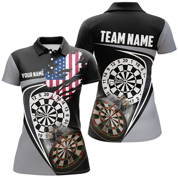 Custom Black Grey American Flag Darts Patriotic Design Women's Polo Shirts S-5XL