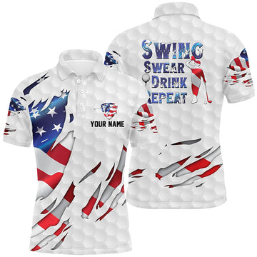 Swing Swear Drink Repeat American Flag Golf Polo Custom Mens Polo Shirt S-5XL