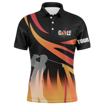 Golf In Passion Black & Orange Flame Personalized Cool Men's Polo Shirt S-5XL