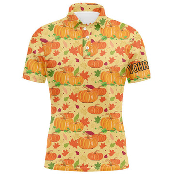Happy Thanksgiving Day Orange Pumpkins Falling Leaves Men's Polo Shirt S-5XL