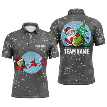 Grey Christmas Golf Polo with Reindeer Santa Custom Top Men's Polo Shirt S-5XL