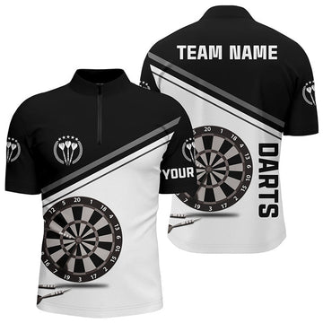 Custom Name Black White Darts Quarter Zip Dart Jersey Men's Polo Shirt S-5XL