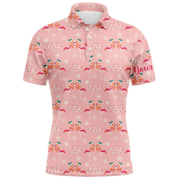 Pink Christmas Flamingos Custom Funny Golf Mens Polo Shirt S-5XL