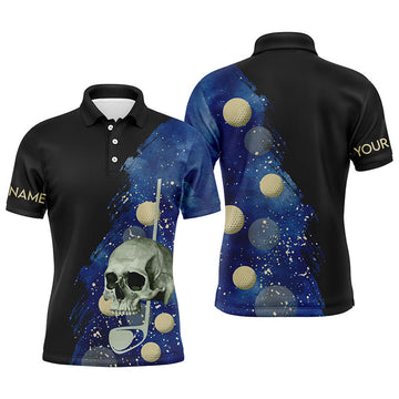 Custom Watercolor Golf Skull Black Blue Men's Polo Shirt S-5XL