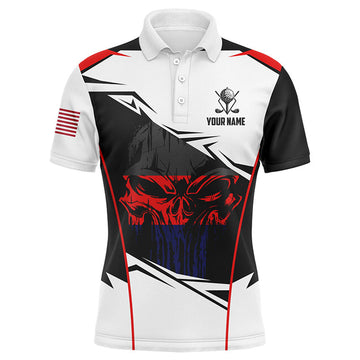 American Flag Skull Golf Polo Custom Name Patriotic Men's Polo Shirt S-5XL
