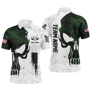 Grunge Green Camo Skull American Flag Darts Jersey Patriot Men's Polo Shirt S-5XL