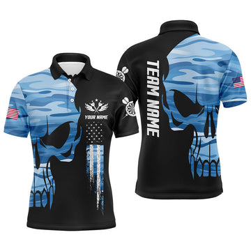Custom Blue Camo Skull American Flag Dart Jersey Men's Polo Shirt S-5XL
