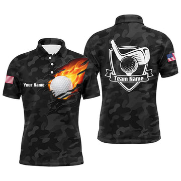 Custom Black Camo Fire Golf Shirt American Flag Design Men's Polo Shirt S-5XL