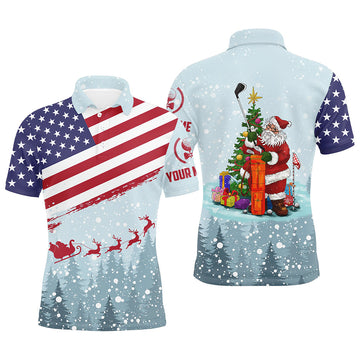 Christmas USA Flag Santa Golf Patriotic Winter Mens Polo Shirt S-5XL