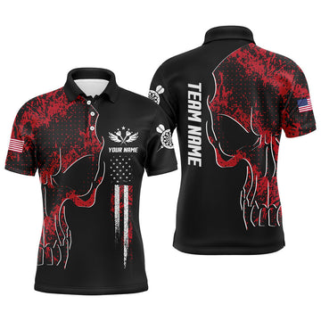 Red Grunge Camo American Flag Skull Darts Patriotic Men's Polo Shirt S-5XL