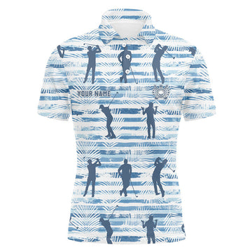 Personalized Blue Stripe Palm Leaves Golf Shirt Tropical Mens Polo Shirt S-5XL