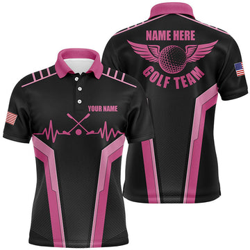 Customized Men's Golf Polo Shirt Heartbeat Black Pink Men's Polo Shirt S-5XL