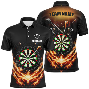 Custom Name Black Orange Fire Flame Darts Jersey Men's Polo Shirt S-5XL