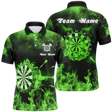 Custom Name Green Fire Flame Darts Jersey Men's Polo Shirt S-5XL
