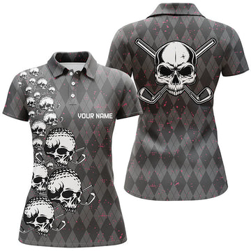 Custom Elegant Argyle Pattern Skull Women's Golf Polo Shirts Black S-5XL