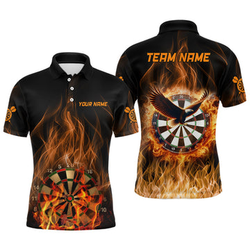 Custom Name Orange Fire Flame Eagle Darts Jersey Men's Polo Shirt S-5XL