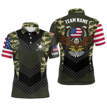 Custom Name American Flag Camo Eagle Golf Men's Polo Shirt S-5XL