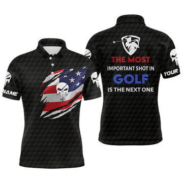 Patriotic American Flag Skull Golf Polo Custom Name Men's Polo Shirt S-5XL