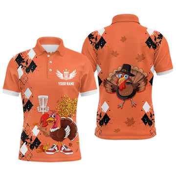 Turkey Bird Thanksgiving Disc Golf Argyle Orange Custom Men's Polo Shirt S-5XL