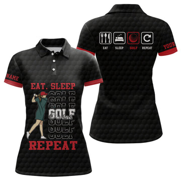 Custom Eat Sleep Golf Repeat Black Red Sporty Golf Top Women's Polo Shirts S-5XL