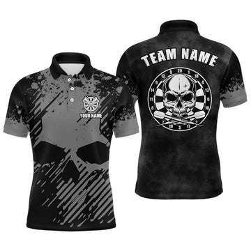Personalized Black Grey Grunge Skull Darts Polo Shirt for Men S-5XL