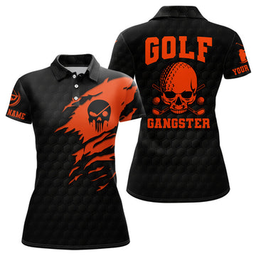 Custom Black Orange Golf Skull Shirt Scary Golf Design Women's Polo Shirts S-5XL