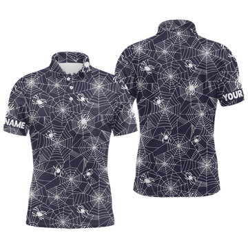 Spooky White Spiders Cobweb Navy Halloween Golf Polo Shirt Men's S-5XL