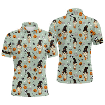 Cute Cat Seamless Halloween Pattern Green Golf Shirt Men's Polo Shirt S-5XL