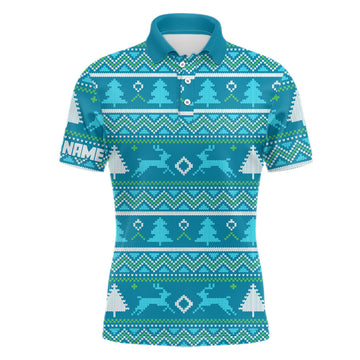 Blue Knitted Christmas Trees Golf Shirt Winter Xmas Outfit S-5XL Men's Polo Shirt