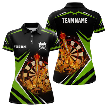 Custom Black Green Fire Flame Darts Darts Women's Polo Shirt S-5XL