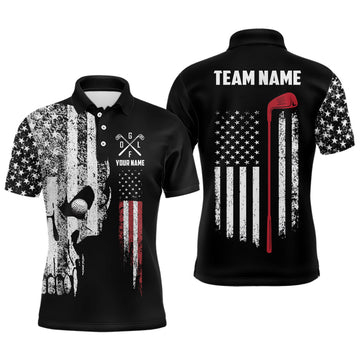 Custom Name American Flag Skull Patriotic Scary Golf Men's Polo Shirt S-5XL