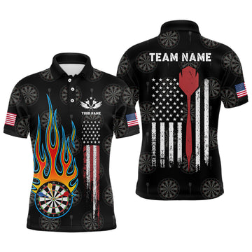 Custom Name Flame Darts American Flag Dart Jersey Men's Polo Shirt S-5XL