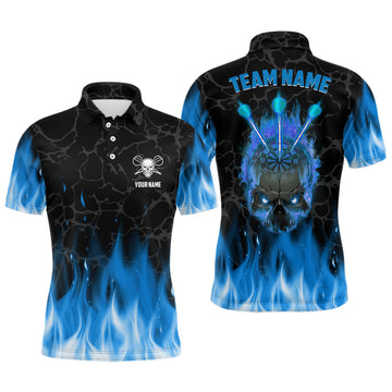 Custom Name Blue Flame Skull Scary Darts Jersey Men's Polo Shirt S-5XL