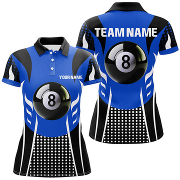 Custom Name Blue Black 8 Ball Pool Billiard Design Women's Polo Shirts S-5XL