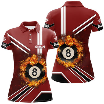Custom Name Red 8 Ball Billiards Shirt with Fire Print Women's Polo Shirts S-5XL